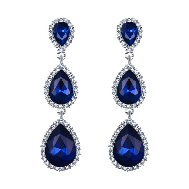 EleQueen Women's Silver-tone Crystal Tear Drop Pear Shape Long Dangle Earrings Royal Blue - Image 1